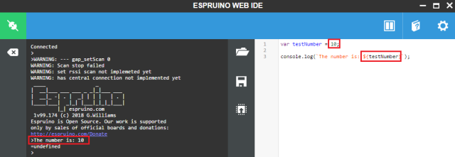ESP32 JavaScript Espruino String Interpolation with var