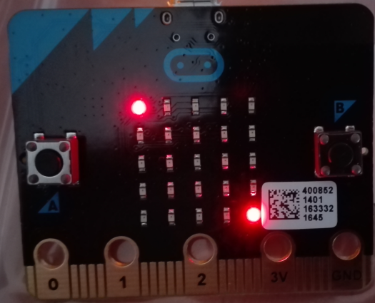 Turning on at maximum brightness the top left and bottom right pixels of the micro:bit board